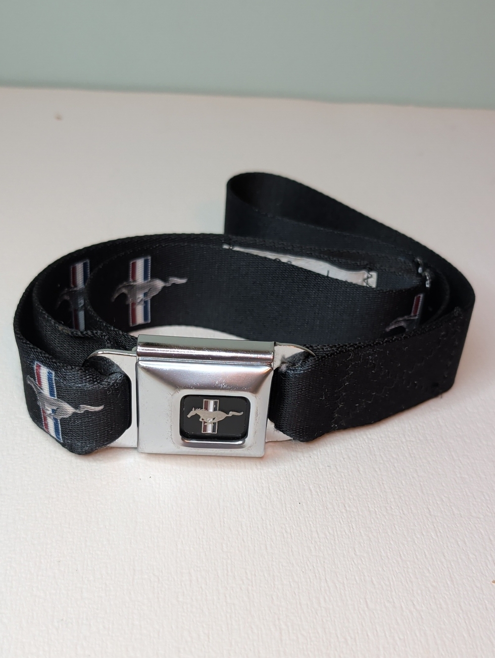 Buckle-Down Black Seatbelt-Style Belt with Mustang Emblem